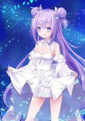  :d absurdres armpits azur_lane blue_eyes blurry bow bowtie breasts cleavage clothes_lift collarbone commentary_request depth_of_field detached_collar detached_sleeves double_bun dress dress_lift female galaxy hair_between_eyes hair_bun highres leer.meer lifting_own_clothes long_hair looking_at_viewer night night_sky official_alternate_costume open_mouth purple_hair sidelocks sky smile solo star_(sky) starry_sky unicorn_(angelic_night)_(azur_lane) unicorn_(azur_lane) white_dress 