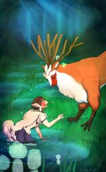  2020 3_fingers 3_toes 5_fingers all_fours ambiguous_gender antlers brown_body brown_fur brown_hair canid canine claws countershade_torso countershading detailed_background duo_focus feet feral finger_claws fingers forest fur fur_growth ghibli grass group growth hair hi_res horn human human_to_feral inner_ear_fluff light lighting looking_at_another mammal mid_transformation mononoke_hime moonlight nakitacat open_mouth outside pawpads pink_pawpads plant puddle san_(princess_mononoke) shaded short_hair snout snout_growth species_transformation spirit tan_body tan_skin toe_claws toes transformation translucent translucent_body tree tuft water white_body white_fur 