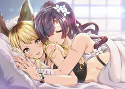  2girls animal_ears bandaged_arm bandages bed bed_sheet blonde_hair bracelet brown_eyes closed_eyes commentary_request ear_piercing erune flower granblue_fantasy hair_flower hair_ornament jewelry light lips lipstick long_hair looking_back makeup mari_(granblue_fantasy) meg_(granblue_fantasy) midorinocha multiple_girls nail_polish open_mouth piercing pillow ponytail scar scar_across_eye scar_on_arm scar_on_face sleeping sleeping_on_person smile window yellow_eyes yuri 