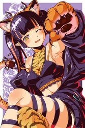  alternate_hair_color alternate_tail animal_ears animal_hands black_hair black_jacket black_ribbon black_shirt blunt_bangs blush breasts cleavage commentary_request crop_top crossed_legs demon_girl demon_horns fake_animal_ears feet_out_of_frame female gloves highres horns jacket kojo_anna leg_ribbon long_hair long_sleeves looking_at_viewer medium_breasts midriff multicolored_hair nanashi_inc. nantyu-a navel off_shoulder one_eye_closed open_clothes open_jacket open_mouth orange_hair paw_gloves pointy_ears ribbon see-through see-through_shirt shirt sleeveless sleeveless_shirt smile solo sugar_lyric tail tiger_ears tiger_stripes tiger_tail twintails two-tone_hair virtual_youtuber yellow_eyes zipper 