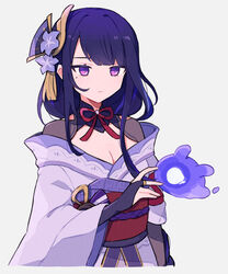  bad_id bad_twitter_id braid breasts cleavage closed_mouth female flower genshin_impact grey_background hair_ornament highres japanese_clothes kimono large_breasts long_hair long_sleeves mole mole_under_eye obi obiage obijime purple_eyes purple_flower purple_hair raiden_shogun ribbon sash seelie_(genshin_impact) simple_background solo tabemon_oishi wide_sleeves 