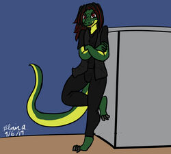  2019 anthro barefoot black_bottomwear black_clothing black_hair black_topwear bottomwear claws clothed clothing crossed_arms digital_media_(artwork) feet full-length_portrait fully_clothed green_body hair highlights_(coloring) icarus_aresane leaning_on_wall lizard low_wall male pants portrait red_eyes red_highlights reptile scalie shirt signature smug solo toe_claws topwear wrytergirl 