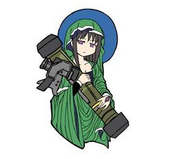  absurdres akemi_homura black_hair breasts christianity cleavage cloak collarbone cosplay deculture expressionless female fgm-148_javelin green_cloak highres looking_at_viewer mahou_shoujo_madoka_magica mahou_shoujo_madoka_magica_(anime) propaganda purple_eyes rocket_launcher russo-ukrainian_war saint sidelocks solo soul_gem st._javelin ukraine virgin_mary virgin_mary_(cosplay) weapon white_background 