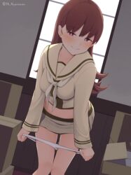  befu blush brown_eyes brown_hair feet_out_of_frame female highres kantai_collection long_hair long_sleeves midriff naughty_face neckerchief ooi_(kancolle) ooi_kai_ni_(kancolle) open_mouth panties panty_pull pleated_skirt pulling_own_clothes pussy_juice pussy_juice_trail sailor_collar school_uniform serafuku skirt smile solo underwear white_neckerchief white_panties white_sailor_collar white_skirt 