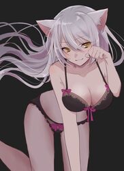  :3 animal_ears bakemonogatari bakeneko bare_shoulders black_bra black_hanekawa black_panties bow bow_bra bow_panties bra breasts cat_ears cat_girl cleavage collarbone female hair_between_eyes hanekawa_tsubasa large_breasts lingerie long_hair looking_at_viewer monogatari_(series) panties paw_pose slit_pupils smile solo tomoshibi_(rokugatsu) underwear very_long_hair white_hair yellow_eyes 