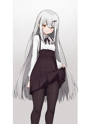  absurdres black_pantyhose black_skirt blush breasts brown_eyes clothes_lift collared_shirt commentary feet_out_of_frame female grey_background grey_hair hair_ornament hairclip high-waist_skirt highres korean_commentary kouki_(chancegak) lifting_own_clothes long_hair long_sleeves looking_at_viewer neck_ribbon original pantyhose pleated_skirt pout ribbon shirt shirt_tucked_in skirt skirt_lift small_breasts solo very_long_hair white_hair white_shirt 