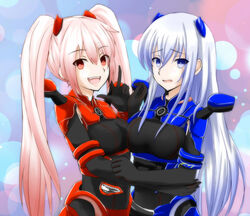  2girls black_bodysuit blue_eyes blue_hair blurry blurry_background bodysuit breasts commentary_request cropped_torso embarrassed fang_out happy headlight highres light_blue_hair mecha_musume medium_breasts multicolored_background multiple_girls oerba_yun_fang pink_hair push-button red_eyes siblings side-view_mirror sisters subaru_(brand) subaru_brz_(syanago_collection) suzuki-shi syanago_collection toyota toyota_86_(syanago_collection) twintails v 