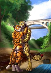  2020 anthro black_body black_fur bridge detailed_background digitigrade duo felid forest fur hi_res hufnaar hufnaar_(character) hug male male/male mammal nude orange_body orange_fur outside pantherine plant standing stripes tiger tree ulbrek white_body white_fur yellow_body yellow_fur 