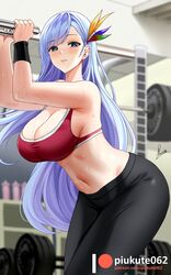  azur_lane blush breasts cleavage cuffs female grey_hair gym gym_pants gym_uniform hair_ornament highres large_breasts long_hair looking_at_viewer navel pants piukute062 red_sports_bra sideboob solo sports_bra sportswear stomach sweat swept_bangs thighs ticonderoga_(azur_lane) tight_clothes tight_pants wristband 