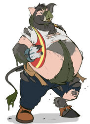  2020 3_fingers anthro belly big_belly binturongboss bottomwear clothing covered_in_goo domestic_pig fingers fur gloves handwear hi_res hooves human_to_anthro male mammal mid_transformation mud mud_covered obese obese_anthro obese_male open_mouth overweight overweight_anthro overweight_male pants safety_vest shirt simple_background slime solo species_transformation standing suid suina sus_(pig) tongue topwear torn_bottomwear torn_clothing torn_pants torn_shirt torn_topwear transformation tusks vest weight_gain white_background wild_boar 