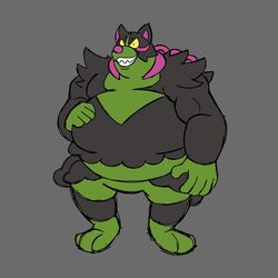  1:1 3_toes 5_fingers anthro belly big_belly black_body black_fur canid feet fingers fur generation_9_pokemon green_body green_fur grey_background hand_on_belly hi_res legendary_pokemon looking_at_viewer male mammal multicolored_body multicolored_fur musclegut muscular muscular_anthro muscular_male naughty_nuki nintendo okidogi overweight overweight_anthro overweight_male pink_nose pokemon pokemon_(species) sharp_teeth simple_background solo standing teeth toes two_tone_body two_tone_fur yellow_eyes yellow_sclera 