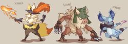  2015 ambiguous_gender anthro belt black_body black_fur blue_body blue_skin braixen brown_background brown_body brown_skin canid canine character_name claw_(weapon) claws clothing dipstick_tail fan_character female_(lore) fingerless_gloves fire footwear fox fur generation_1_pokemon generation_6_pokemon gloves group handwear hat headgear headwear hi_res inner_ear_fluff kunai legwear male_(lore) mammal markings mask melee_weapon multicolored_tail nadine_(tales_of_tabira) nidorina nintendo orange_body orange_eyes orange_fur pink_eyes pokemon pokemon_(species) primate primeape scarf shellyochunks simple_background sloan_(tales_of_tabira) socks stick tail tail_markings tales_of_tabira toe_claws toeless_footwear toeless_socks trilby_(hat) tuft weapon white_body white_fur xavier_(tales_of_tabira) yellow_body yellow_fur 