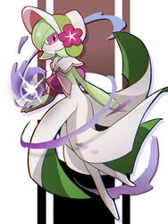  1other bonnet capelet colored_skin commentary energy flower from_side full_body gardevoir gardevoir_(fashionable) green_hair highres parted_lips pokemon pokemon_(creature) pokemon_unite purple_eyes purple_flower tintira_ta white_skin 