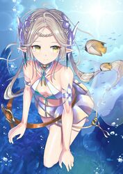  absurdres bikini blonde_hair cleavage_cutout clothing_cutout epic_seven fal_si0n female fish flat_chest highres iseria_(epic_seven) pale_skin pointy_ears revealing_clothes solo swimsuit swimsuit_skirt thighs twintails underwater yellow_eyes 