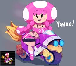  ass bent_over big_butt breasts cleavage clothed clothing english_text female grey_background hair hi_res humanoid looking_at_viewer mammal mario_bros mario_kart motorcycle nintendo not_furry open_mouth pink_hair simple_background sitting smile solo somescrub teeth text thick_thighs toad_(mario) toadette tongue vehicle wide_hips 