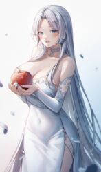  :d absurdres apple artist_name bad_id bad_pixiv_id blue_eyes blush breasts choker cleavage commission covered_navel cowboy_shot detached_sleeves dress female food fruit gradient_background grey_hair highres holding holding_food holding_fruit large_breasts long_hair long_sleeves meoyo open_mouth original parted_bangs pelvic_curtain petals smile solo straight_hair strapless strapless_dress very_long_hair white_background white_choker white_dress 