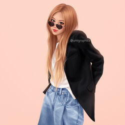  blackpink blonde_hair brown_eyes cowboy_shot denim female forehead heart heart-shaped_eyewear jacket jeans k-pop lips long_hair looking_at_viewer looking_over_eyewear open_clothes open_jacket pants pink_background real_life rose_(blackpink) smile solo sunglasses umigraphics 