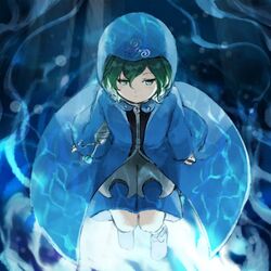  1other androgynous black_shirt blue_coat blue_jacket blue_shorts blue_theme coat evanescent_existence from_above green_eyes green_hair hood hood_up hooded_coat hooded_jacket jacket kaigen_1025 len&#039;en other_focus shirt shitodo_aoji short_hair shorts sitting solo water 