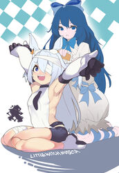  2girls animal_ears argyle_background armpits arms_up bandage_over_one_eye bandaged_leg bandages bike_shorts black_shorts blue_eyes blue_hair boots bow breasts brushing_another&#039;s_hair brushing_hair comb commentary copyright_name doll_joints dress ear_tag elbow_gloves gloves hairbow highres joints kneeling leg_ribbon little_witch_nobeta long_hair monica_(little_witch_nobeta) multiple_girls open_mouth rabbit_ears ribbon sakurami_sumi sharp_teeth short_shorts shorts sitting small_breasts smile tabard tania_(little_witch_nobeta) teeth thighs white_background white_dress white_footwear white_gloves white_tabard 