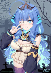  ;q ahoge bare_shoulders bare_tree black_sleeves blue_eyes blue_hair blush breasts chrisandita cleavage closed_mouth commentary commission curled_horns detached_sleeves dress female fiery_hair frilled_dress frills hand_up highres horns leaning_forward long_hair long_sleeves medium_breasts one_eye_closed prism_project puffy_long_sleeves puffy_sleeves rikudou_yura sleeveless sleeveless_dress smile solo tiara tongue tongue_out tree v very_long_hair virtual_youtuber white_dress x_x 