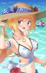  absurdres aki_rosenthal aki_rosenthal_(hololive_summer_2019) armpits blonde_hair bob_cut bracelet breasts cleavage collarbone detached_hair detached_hood eyelashes eyes_visible_through_hair female floral_print flower hat hat_flower hat_ribbon highres hololive innertube jewelry low_twintails navel necklace official_alternate_costume open_mouth outdoors parted_bangs purple_eyes ribbon rosen-tai solo_focus straw_hat swim_ring swimsuit twin_(tt_lsh) twintails virtual_youtuber water 