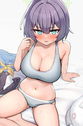  blue_archive blue_eyes blush bob_cut breasts cleavage cowboy_shot female grey_panties grey_sports_bra halo large_breasts long_sleeves looking_at_viewer medium_hair navel neckerchief on_bed open_mouth panties purple_hair sailor_collar saki_(blue_archive) school_uniform serafuku short_hair sitting solo sports_bra sweat thighs underwear underwear_only unworn_clothes ushimittsu yellow_neckerchief 