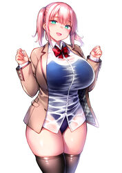  blue_one-piece_swimsuit blush bow bowtie breasts collared_shirt female hair_ornament highres huge_breasts long_hair long_sleeves looking_at_viewer oerba_yun_fang one-piece_swimsuit open_mouth original pink_hair school_swimsuit see-through see-through_shirt shirt short_hair sidelocks solo swimsuit swimsuit_under_clothes thighhighs thighs tsukumiya_amane twintails white_background 