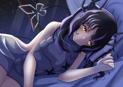  absurdres black_hair blush bow breasts closed_mouth commentary_request cowboy_shot demon_girl demon_horns demon_tail female grey_sweater hairbow highres horns indoors kojo_anna kojo_anna_(3rd_costume) lace_bow long_hair looking_at_viewer lying medium_breasts meme_attire multicolored_hair nanashi_inc. night oekaki_t722 official_alternate_costume on_side pillow pointy_ears purple_hair sky sleeveless sleeveless_turtleneck smile solo star_(sky) starry_sky sugar_lyric sweater tail turtleneck two-tone_hair two_side_up virgin_killer_sweater virtual_youtuber white_bow window yellow_eyes 