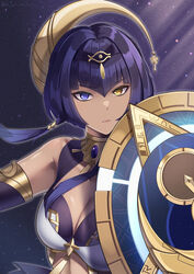  bare_shoulders blue_eyes blunt_bangs breasts candace_(genshin_impact) cleavage dark-skinned_female dark_skin eye_of_horus female genshin_impact heterochromia highres holding holding_shield holding_weapon kutsuda_miru large_breasts light_particles long_hair looking_at_viewer purple_background purple_hair shield solo upper_body weapon yellow_eyes 