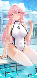  absurdres alternate_costume bangs bare_arms bare_shoulders blush breasts covered_navel crossed_bangs female food fukuro_daizi genshin_impact highres large_breasts long_hair looking_at_viewer outdoors parted_lips partially_submerged pink_hair pool popsicle purple_eyes sitting smile swimsuit thighhighs thighs white_one-piece_swimsuit white_thighhighs yae_miko 