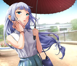  :o aqua_skirt bad_id bad_twitter_id bag blue_eyes blue_hair blue_sky blunt_bangs blush bracelet breasts building collared_shirt female hanamasa_ono handbag high-waist_skirt highres holding holding_umbrella idolmaster idolmaster_million_live! jewelry light_blue_hair light_particles long_hair looking_at_viewer low-tied_long_hair open_mouth outdoors plant pleated_skirt ponytail railing shiraishi_tsumugi shirt shirt_tucked_in skirt sky sleeveless sleeveless_shirt small_breasts solo tree umbrella white_shirt wiping_face 