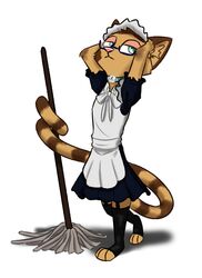  2020 anthro banded_linsang bell brown_body brown_fur cleaning_tool clothed clothing collar eyewear fully_clothed fur glasses hi_res linsang maid_uniform mammal mop pose simple_background solo standing theblueberrycarrots ty_(appleseed) uniform viverrid white_background 