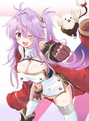  ;d azur_lane blush breasts cleavage collarbone commentary_request female fingerless_gloves gloves grenville_(azur_lane) griffin hair_between_eyes hair_ornament highres jacket large_breasts long_hair looking_at_viewer multicolored_hair one_eye_closed open_mouth smile tonchinkan 