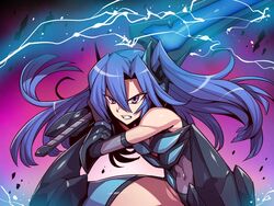  bare_shoulders blue_hair breasts clenched_teeth commentary_request covered_navel female gloves hair_ornament ignite_module kazanari_tsubasa long_hair one_side_up purple_eyes senki_zesshou_symphogear solo sword teeth thighhighs tukiwani weapon 