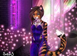  alex_marx almos-tiroshi anthro breasts brown_hair cleavage clothed clothing countershading digital_media_(artwork) dress felid female fur green_eyes hair jewelry looking_at_viewer mammal necklace orange_body orange_fur pantherine short_hair simple_background smile solo standing striped_body striped_fur stripes tattoo tiger white_body white_fur 