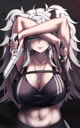  absurdres ahoge animal_ears black_shirt blush breasts cleavage collarbone crop_top dual_wielding ear_piercing female grey_eyes grey_hair gun hair_between_eyes highres holding holding_gun holding_weapon hololive jewelry large_breasts lion_ears lion_girl long_hair looking_at_viewer navel necklace piercing shirt shishiro_botan shishiro_botan_(1st_costume) sleeveless sleeveless_shirt solo stomach tongue tongue_out tousaki_(tousakiworks) virtual_youtuber weapon 