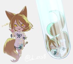  :3 animal_ears blonde_hair bottle bow chibi closed_eyes closed_mouth female fox_ears fox_girl fox_tail glowing glowing_eyes green_bow grey_background hair_between_eyes hand_up hands_up in_bottle in_container jumpsuit ko~n kudamaki_tsukasa looking_at_viewer lying no_shoes open_mouth own_hands_together puffy_short_sleeves puffy_sleeves raya_(uk_0128) romper short_sleeves simple_background sleeping slit_pupils smile socks solo standing tabi tail touhou translated twitter_username white_romper white_sleeves white_socks yellow_eyes 