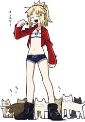  :3 animal belt black_footwear blonde_hair boots closed_eyes denim denim_shorts fate/apocrypha fate_(series) feline female highres jacket jewelry mordred_(fate) mordred_(fate/apocrypha) mordred_(memories_at_trifas)_(fate) necklace oerba_yun_fang open_clothes open_jacket open_mouth ponytail red_jacket short_shorts shorts simple_background solo standing translation_request uotsu_(sabakou) white_background 