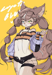  absurdres animal_ears black_shorts blue_eyes body_fur braid brown_fur brown_hair cable collarbone de_lisle_(coyote_blues)_(girls&#039;_frontline) de_lisle_(girls&#039;_frontline) earbuds earphones eyewear_on_head female flat_chest furry furry_female girls&#039;_frontline glasses green_eyes grey_hair heart heterochromia highres holding holding_phone leaning_back multicolored_hair navel oerba_yun_fang off-shoulder_shirt off_shoulder official_alternate_costume open_clothes open_hand open_mouth open_shorts phone safety_pin shirt short_shorts shorts skin_fang smile stomach streaked_hair striped_clothes striped_shirt tail thigh_strap twin_braids twintails wolf_ears wolf_tail yellow_background yoru_(yoru_vida) 