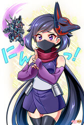  artist_name ayame_(gundam_build_divers) black_hair black_legwear blush breasts commentary_request elbow_gloves female fingerless_gloves fox_mask gloves gundam gundam_build_divers gunpla highres hip_armor japanese_clothes kimono long_hair mask mask_on_head mecha medium_breasts model_kit mouth_mask ninja ninja_mask poyoyon_chihiro purple_eyes red_scarf robot sasuke_delta_gundam scarf sd_gundam sd_gundam_world_heroes short_kimono split_ponytail thighhighs translated very_long_hair 