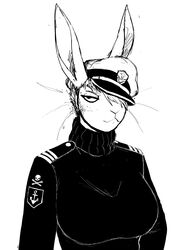  2020 anthro black_and_white clothing female hair hair_over_eye hat hat_over_eye headgear headwear hi_res hladilnik lagomorph leporid mammal military_cap monochrome one_eye_obstructed pro_bun_(hladilnik) rabbit solo sweater topwear turtleneck 