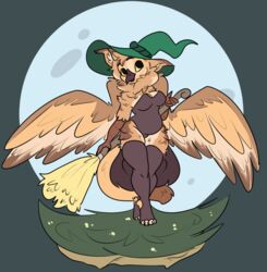  anthro avian bare_shoulders bird broom chatterbot cleaning_tool clothing costume feathered_wings feathers female fluffy gryphon halloween hat headgear headwear holidays legwear magic_user moon mythological_avian mythological_creature mythology owl solo sona_(noxiis) thigh_highs wings witch 