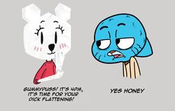  2020 bear blush cartoon_network clothing dick_flattening domestic_cat duo english_text felid feline felis female grey_background gumball_watterson hitsuji male mammal meme on_model paper paper_creature simple_background sweater teri_(tawog) text the_amazing_world_of_gumball topwear 