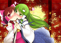  2girls ascot blush bow brown_hair cheek-to-cheek detached_sleeves frog_hair_ornament green_eyes green_hair hair_ornament hair_tubes hairbow hakurei_reimu heads_together heart highres holding_hands interlocked_fingers kochiya_sanae long_hair multiple_girls one_eye_closed photoshop_(medium) red_eyes smile snake_hair_ornament touhou yassy yuri 