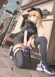  absurdres blonde_hair bolt_action capelet female full_body girls&#039;_frontline green_eyes gun handgun hat highres holding holding_gun holding_weapon lamppost miniskirt panties rui_(rei_leyi) shoes skirt sneakers solo suppressor thighhighs traffic_light underwear upskirt weapon welrod welrod_mkii_(girls&#039;_frontline) welrod_mkii_(mod3)_(girls&#039;_frontline) 