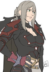  aranea_highwind armor breasts cleavage closed_mouth female final_fantasy final_fantasy_xv gloves green_eyes highres kurita_shin&#039;ichi long_hair ponytail simple_background smile solo white_background 