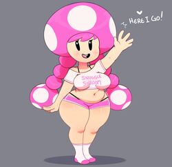  blush breasts clothed clothing dialogue english_text female grey_background hair heart_symbol hi_res humanoid looking_at_viewer mammal mario_bros nintendo not_furry open_mouth pink_hair simple_background smile solo somescrub standing teeth text thick_thighs toad_(mario) toadette tongue wave wide_hips 