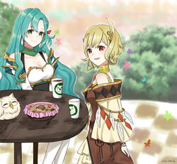  2girls :d aqua_hair armor bare_shoulders bird blonde_hair brand_name_imitation breasts brown_dress checkerboard_cookie chloe_(fire_emblem) citrinne_(fire_emblem) cleavage commentary_request cookie cup disposable_coffee_cup disposable_cup dress earrings feathers feh_(fire_emblem_heroes) fire_emblem fire_emblem_engage fire_emblem_heroes food green_eyes highres jewelry long_hair looking_at_viewer medium_breasts multiple_girls otokajife owl red_eyes short_hair shoulder_armor smile starbucks table very_long_hair 