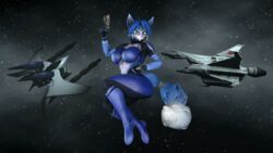  16:9 3d_(artwork) accessory anthro arwing blaster blue_body blue_fur blue_hair blue_tail bodysuit canid canine clothed clothing digital_media_(artwork) female fluffy fluffy_tail fox fur furgonomics great_fox hair hi_res humanoid jewelry krystal_(star_fox) krystal_appreciation_month looking_at_viewer mammal multicolored_body multicolored_ears multicolored_fur multicolored_tail nintendo pinup pose silver_(metal) silver_jewelry skinsuit solo source_filmmaker_(artwork) space star_fox tail tail_accessory tailband thevestige tight_clothing warfare_krystal warfare_machine white_body white_fur white_inner_ear white_tail widescreen 