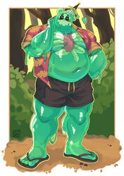  1boy ^_^ alternate_body_size bara bare_pectorals big_belly blush_stickers closed_eyes colored_skin doug_(monster_prom) full_body green_skin hawaiian_shirt heart heart_(organ) highres impaled large_pectorals looking_at_viewer male_focus monster_boy monster_prom muscular muscular_male navel object_through_head open_clothes open_shirt pectorals ribs see-through shirt short_hair short_shorts shorts shy slime_boy solo standing stomach sword_in_head thighs wet_ghost 